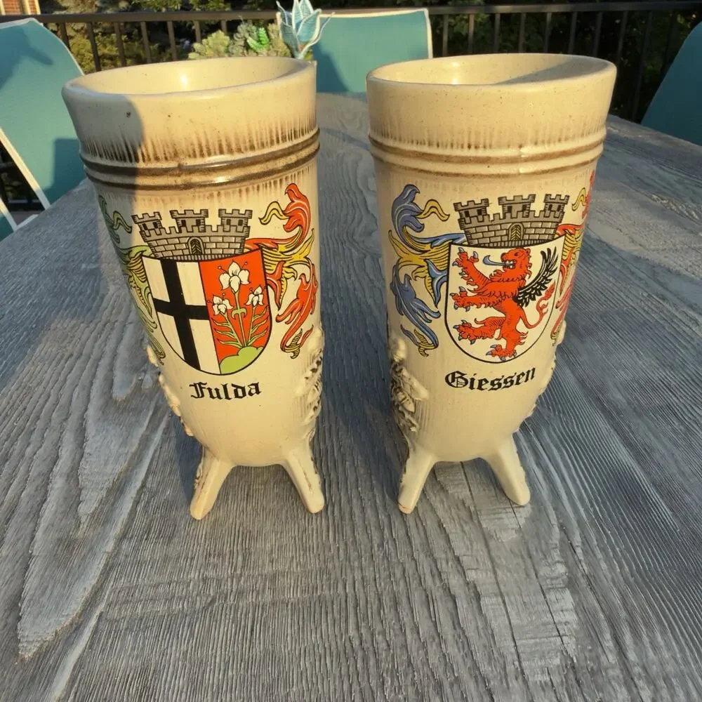 2 Vintage German Drinking Horn Set Fulda & Giessen Heraldic Crest Beer Goblets